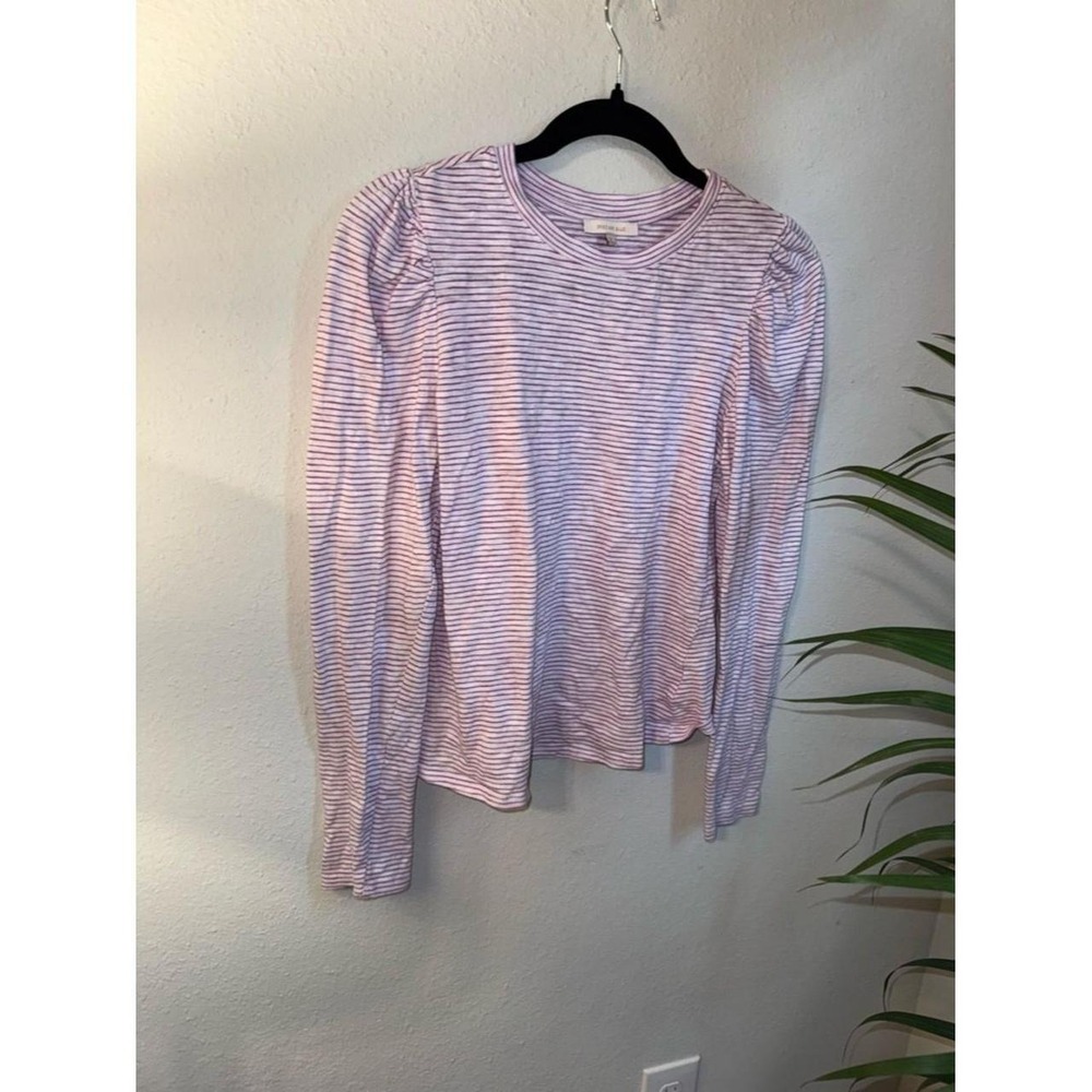 Skies Are Blue Lavender White Striped Puff Shoulder Long Sleeve Top Womens Small